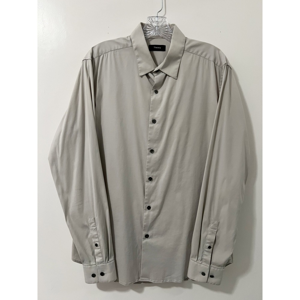 Theory Men's Long Sleeve Button Down Shirt Light Gray Size L Cotton Blend